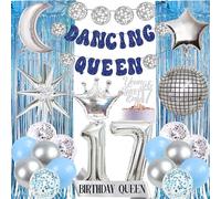 Dancing Queen 17th Birthday Decorations - 26Pcs Young and Sweet Only 17 Cake Topper Disco Ball Balloons Silver Exploding Balloon Birthday Queen Sash for Mamma Mia Party Decoration