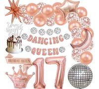 Dancing Queen 17th Birthday Decorations - 31 Pcs Rose Gold Mamma Mia Party Decor Young Sweet Only 17 Cake Topper Disco Ball Balloons Exploding Sash 17 Foil Balloon for Girl Boys 17 Years Old
