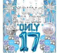 Dancing Queen 17th Birthday Decorations - 41 Pcs Blue Silver Mamma Mia Party Decoration Including Disco Balloons Glitter Star Garland and Foil Fringe Curtains for Young & Sweet Only 17 Theme Supplies