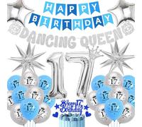 Dancing Queen 17th Birthday Decorations - Happy Birthday and Dancing Queen Banners Garland, Number 17 Star Exploding Disco Foil Balloons and Cake Topper for Girls 17 Year Old Supplies(Blue Silver)