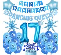 Dancing Queen 17th Birthday Decorations - Happy Birthday and Dancing Queen Banners Garland, Number 17 Star Exploding Disco Foil Balloons and Cake Topper for Girls 17 Year Old Supplies(Blue)