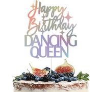 Dancing Queen Cake Topper, Birthday Queen Decorations, Happy Birthday Holographic Topper, Disco Dance Decorations, 6.3x5.9 Inches
