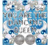 Dancing Queen Hen Party Decorations - 65 Pieces You Are the Dancing Queen Decorations You Are the Dancing Queen Banner Silver Blue Latex Balloon Mirror Disco Moon Star Foil Balloon for 70s Disco Decor