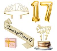Dancing Queen Party Decorations 17 with Gold Dancing Queen Sash and Tiara, Cake Topper and Candles, Number Balloons Gold for 17th Birthday Decorations for Girls