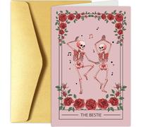 Dancing Skeleton Bestie Birthday Card Gift, Funny Halloween Birthday Card for Best Friend BFF, Tarot Rose Friendship Cards for Female Friend