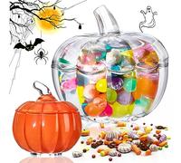 Dandat 2 Pcs Halloween Glass Pumpkin Jar with Lid 2 Sizes Halloween Candy Bowl Cute Snack Jar Crystal Candy Dish for Home Decoration Fall Thanksgiving Centerpieces Wedding Party, Clear and Orange