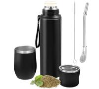 Dandat 2 Pieces Yerba Mate Cup and Vacuum Bottle Set Yerba Mate Kit 12 oz Yerba Mate Gourd Mate Cup and Bombilla Set for Travel, Turn the Cup Upside Down to Pour out All the Water(Black)