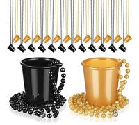Dandat 24 Pcs Shot Glass on Beaded Necklace Mini Plastic Cups, Black, Gold