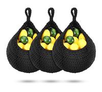 Dandat 3 Pcs Large Hanging Fruit Baskets for Kitchen Teardrop Hanging Wall Baskets Bohemian Handwoven Holder for Kitchen Vegetable Onion Potato Storage Pantry Decoration(Black)