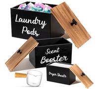 Dandat 3 Pcs Wood Laundry Pods Container Farmhouse Decoration Laundry Room Organization and Storage, Rustic Dryer Sheet Holder Scent Booster Container Set with Scoop(Black)