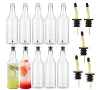 Dandat 32 oz Plastic Long Neck Bottles with Pourer and Caps Plastic Juice Pour Bottles with Stainless Steel Bottle Pourer Tapered Spout for Liquor Juice Store (Gold,20 Pcs)