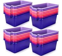 Dandat 32 Pcs Plastic Scoop Front Storage Bins Bulk Stackable Cubby Book Storage Bins Baskets for Home Study Room Organizer Shelf, Multipurpose Organization, 11.4 x 8 x 5 Inches(Pink and Purple)