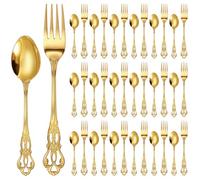 Dandat 40 Pcs Gold Forks and Spoons Silverware Set, Stainless Steel Flatware for Wedding, Party, Home, Dinners, Kitchen and Restaurant, Mirror Polished, Dishwasher Safe (Entrée/dessert Combo,Retro)