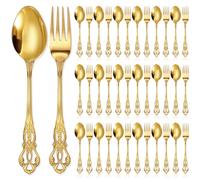 Dandat 40 Pcs Gold Forks and Spoons Silverware Set, Stainless Steel Flatware for Wedding, Party, Home, Dinners, Kitchen and Restaurant, Mirror Polished, Dishwasher Safe (Standard Mid-set,Retro)