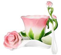 Dandat Ceramic Rose Tea Cups and Saucers with Spoon Rose Flower Shaped Cup and Sauce Set Cute 6oz Tea Cups Flower Mug Mother's Day Grauation Birthday Appreciation Teacher Gifts for Home Office Kitchen