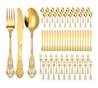 Dandat - Retro Real Gold Flatware Set, 60 Pieces, Gorgeous Stainless Steel Flatware Service, Includes Fork, Spoon, Knife, Classic Hollow Relief Design for Home