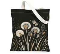 Dandelion Canvas Tote Bag for Women, Botanical Elegant Flower Grass Spring Black Washable Reusable Market Tote Ideas for Shopping Trips Office Library Casual 13x15 Inch