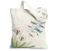 Dandelion Canvas Tote Bag for Women, Spring Nature Dragonfly Flower Spring Green Washable Reusable Grocery Bags Ideas for Travel Work Shopping Bookstore 13x15 Inch