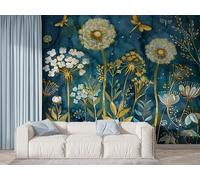 Dandelion Dragonfly Wall Mural, Self Adhesive Wallpaper Peel and Stick, Flower Watercolor Home Decor Photo Wallpaper, Silk Cloth Wall Sticker for Living Room & Bedroom, 300x210 cm - N-159