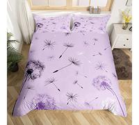 Dandelion Duvet Cover Set King Size, Black White Purple Dandelion Flower Comforter Cover with 2 Pillowcases, Botanical Floral Bedding Set 3pcs for Kids Girls Room Decor, Lilac Bedspread Cover