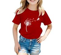 Dandelion Graphic Tees for Girls Cute Sunflower Printed Tee Shirts Casual Short Sleeve T-Shirt Summer Basic Top Blouse Preppy Clothes 2025 (Red, 6-7 Years)