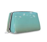Dandelion Print,Leather Large Makeup Bag Zipper Pouch,Flowers on Wind Blossoming,Travel Cosmetic Organizer for Women,Green White,S