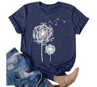 Dandelion Shirts for Women T-Shirt with Dandelion Motif Women Summer Flower Pattern Leisure Short Sleeve, Blue 2, XXL
