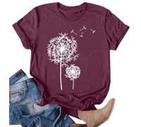 Dandelion Shirts for Women T-Shirt with Dandelion Motif Women Summer Flower Pattern Leisure Short Sleeve, purple, M