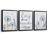 Dandelion Wall Art Blue and Brown Floral Canvas Prints Inspirational Quote Artwork Living Room Bedroom Decor 50x70cmx3 framework