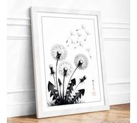 Dandelions in Dispersal Japandi Framed Wall Art Print A4 (29.7×21cm) White, Wall Decor for Living Room, Bedroom, Office & Home, Ready to Hang, Art Gift