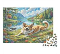 Dandie Dinmont Terrier Jigsaw Puzzles for Adults: Dog by Lake with Autumn Trees Educational Games for The Whole Family Women 38x26cm/1000pcs