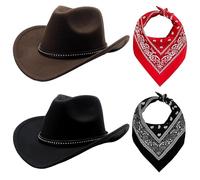 Dandin 4Pcs Cowboy Dress-Up Set, Black & Brown Cowboy Hat, Unisex Felt Western Hats & Bandanas, Cowboy Hat, Western Fancy Dress for Men&Women, Adults Wild West Fancy Dress Party