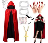 Dandin Halloween Devil Costume Women Men Cape Halloween Vampire Cape Cloak with Vampire Fangs, Red Nails, Tattoo Stickers,Vampire Costume Women Men Carnival Party Fancy Dress