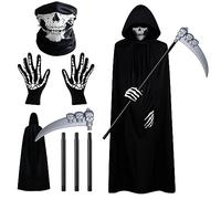 DanDun Grim Reaper Costume, Grim Reaper Costume, Halloween Costume Set (Grim Reaper Cloak with Skull Mask, Scythe, Hood, Gloves), Halloween Decoration Cosplay Grim Reaper for Masquerade Party
