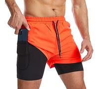Danfiki Men Running Shorts Men's Shorts Workout with Phone Pocket 2 in 1 Gym Training Shorts Lightweight Quick Drying Orange