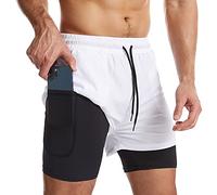 Danfiki Men Running Shorts Men's Shorts Workout with Phone Pocket 2 in 1 Gym Training Shorts Lightweight Quick Drying White