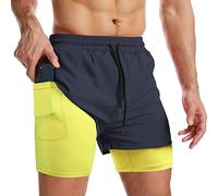 Danfiki Men Running Shorts Men's Shorts Workout with Phone Pocket 2 in 1 Gym Training Shorts Lightweight Quick Drying,Navy Yellow,L