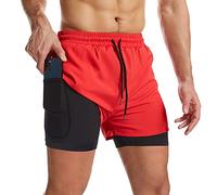 Danfiki Men Running Shorts Men's Shorts Workout with Phone Pocket 2 in 1 Gym Training Shorts Lightweight Quick Drying Red