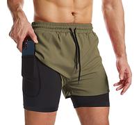 Danfiki Men Running Shorts Men's Shorts Workout with Phone Pocket 2 in 1 Gym Training Shorts Lightweight Quick Drying Green