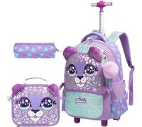 Danfimy Rolling Backpack for Girls Kids Backpack with Wheels Travel Luggage Carry on Suitcase for Elementary Students Bookbag, 13702T-3 Purple, M, Lightweight