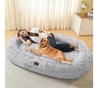 DANFOOZIO Human Dog Bed Fits Adult & Pets, Reversible 2 Layer Orthpedic Memory Foam, Removable Double-Sided Mat with Cooling Fabric, Washable Faux Fur, Plump Edge with Blanket, 71"x47.2", Light Grey