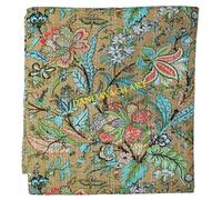 DANGAYACH ART Indian Handmade Floral Kantha Quilt, Vintage Style Cotton Throw, Tan with Turquoise and Coral Botanical Print(King 108" x 108")