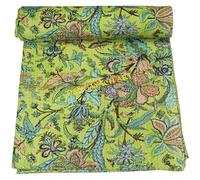 DANGAYACH ART Indian Handmade Floral Kantha Quilt, Vintage Style Cotton Throw, Tan with Turquoise and Coral Botanical Print(Single 60" x 90")