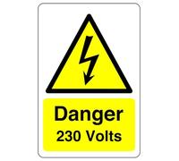Danger 230 volts sign - 1.2mm Rigid plastic for indoor/outdoor usage (300mm x 200mm) Viewing Distance within 7m.