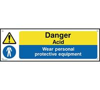 Danger Acid - Wear PPE - 300mm x 100mm - 1.2mm Rigid Plastic Drilled Sign (WCD41)