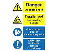Danger asbestos roof fragile roof use crawling boards Safety sign - Self adhesive sticker 300mm x 200mm