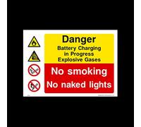 Danger Battery charging in progress Plastic Sign with double sided fixing tape (MP38) - Danger, Caution, Flammable, Ear Protection, No Smoking, Harness, Men at work