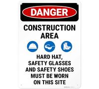Danger Construction Area Hard Hat Safety Glasses and Safety Shoes Sign, 10x14 Inches, 55 mil Thick HDPS (high Density polystyrene), Made in USA by Sigo Signs