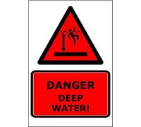 Danger Deep Water | 20cm x 15cm | Red - Vinyl Sign for Lakes, Ponds, Rivers, Construction Sites, Safety Warning