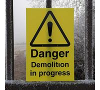 Danger Demolition In Progress - Warning Sign c/w drill holes and cable tie - 200mm x 300mm fluted plastic (corex) - Advising of potential dangers on construction sites